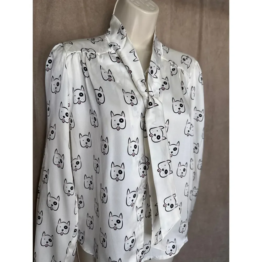 Unique Vintage Tulip B White Dog Tie Neck Long Sleeve Blouse S NWT - Picture 3 of 6